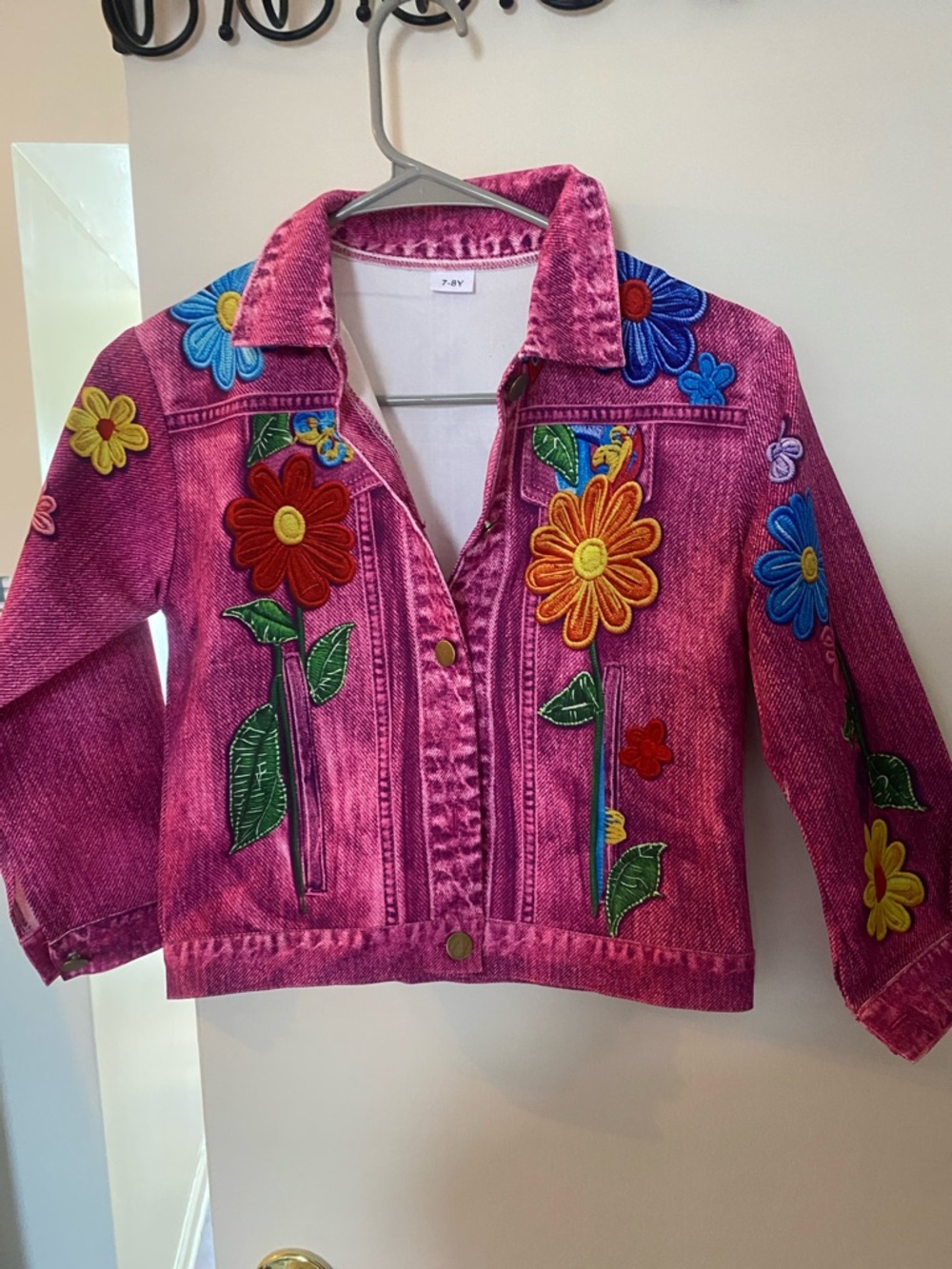 Bright Pink Embroidered Floral Denim Jacket